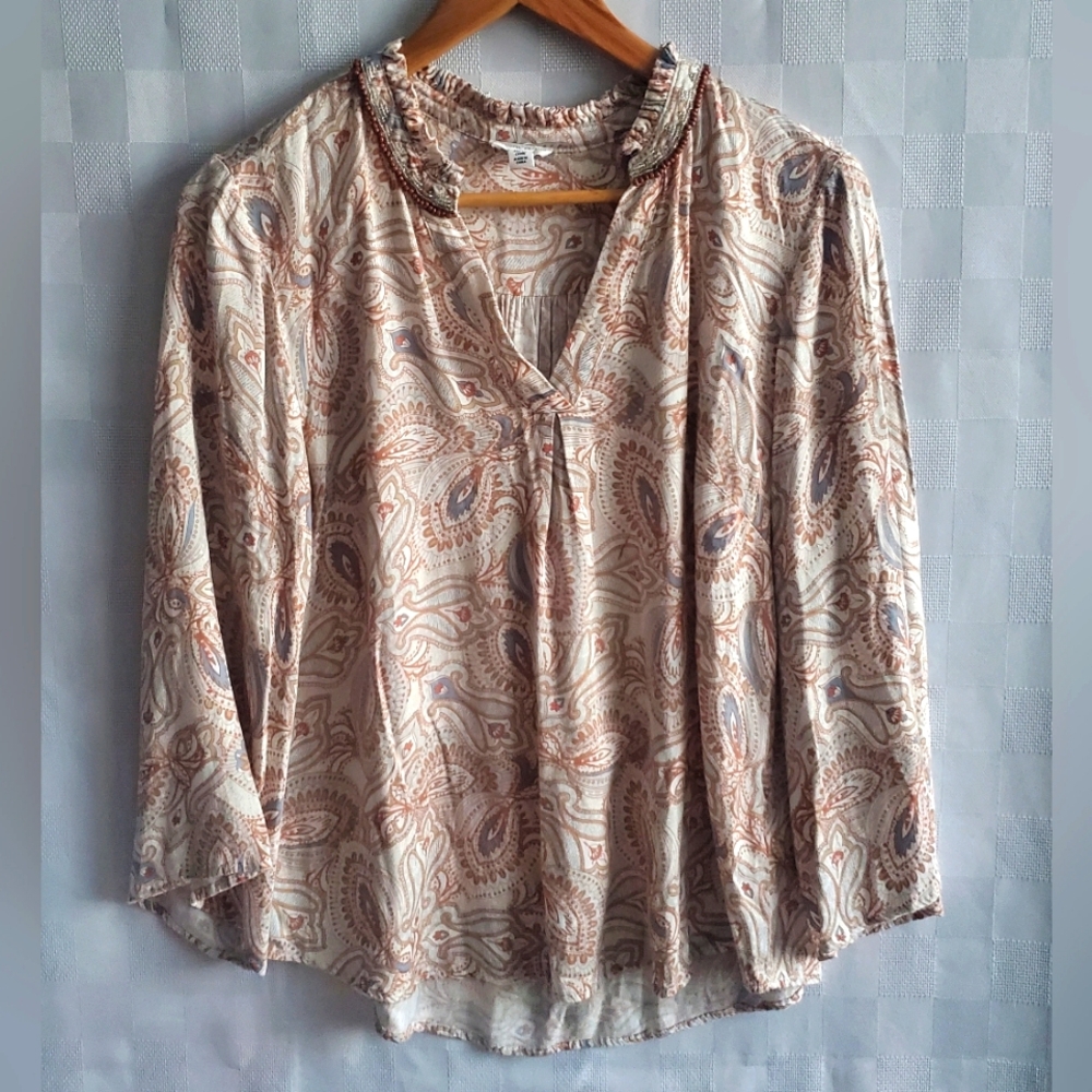 Babydoll Boho Blouse Ruffles & Beads V Neck Flared Sleeves Women's Size Medium